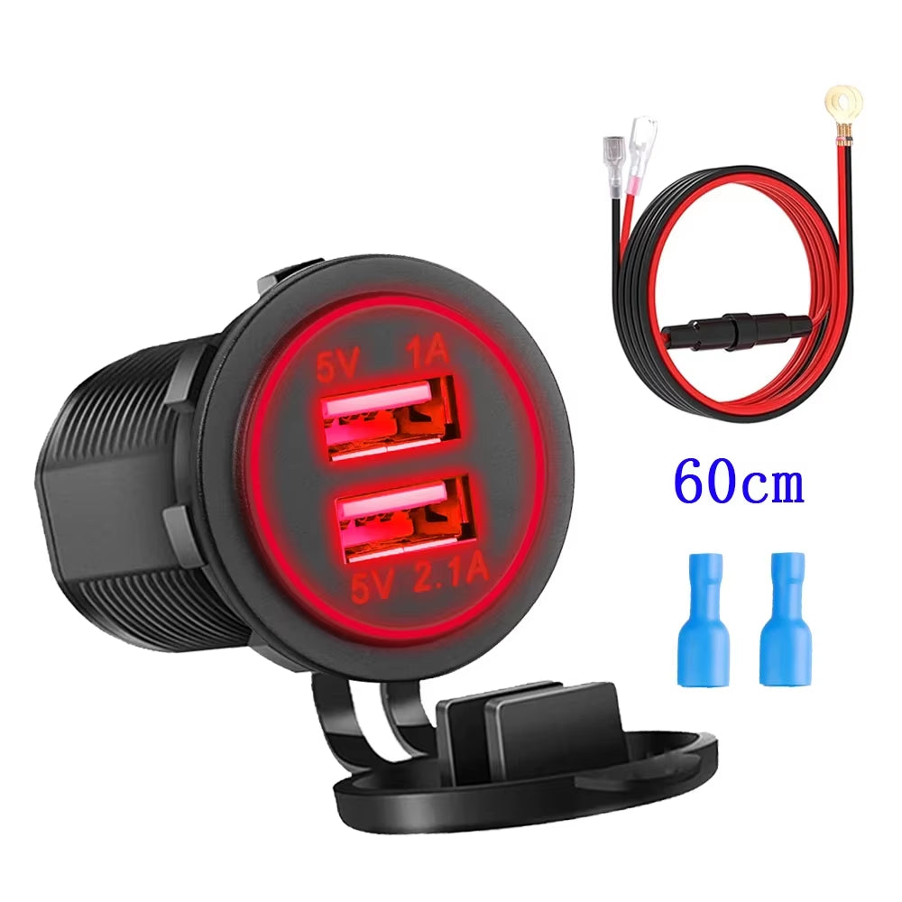 Universal Vehicle USB Charger – Waterproof Power Socket with LED Light & Type-C Port