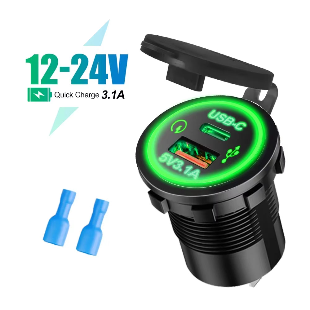 Universal Vehicle USB Charger – Waterproof Power Socket with LED Light & Type-C Port