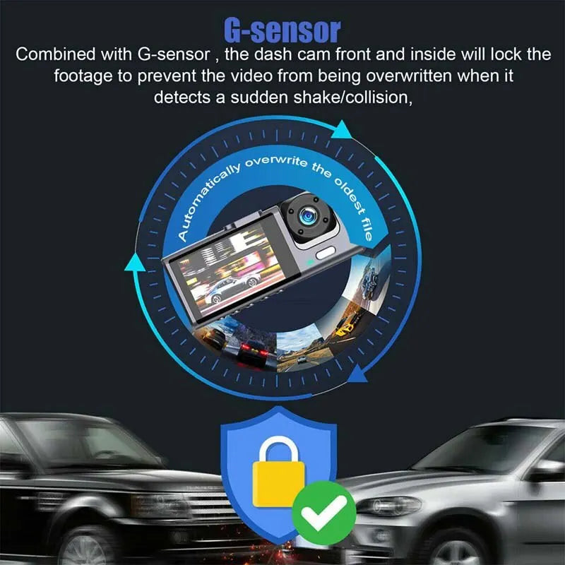 1080P Dash Cam – Triple Camera, Night Vision, Loop Recording, Compact IPS Screen