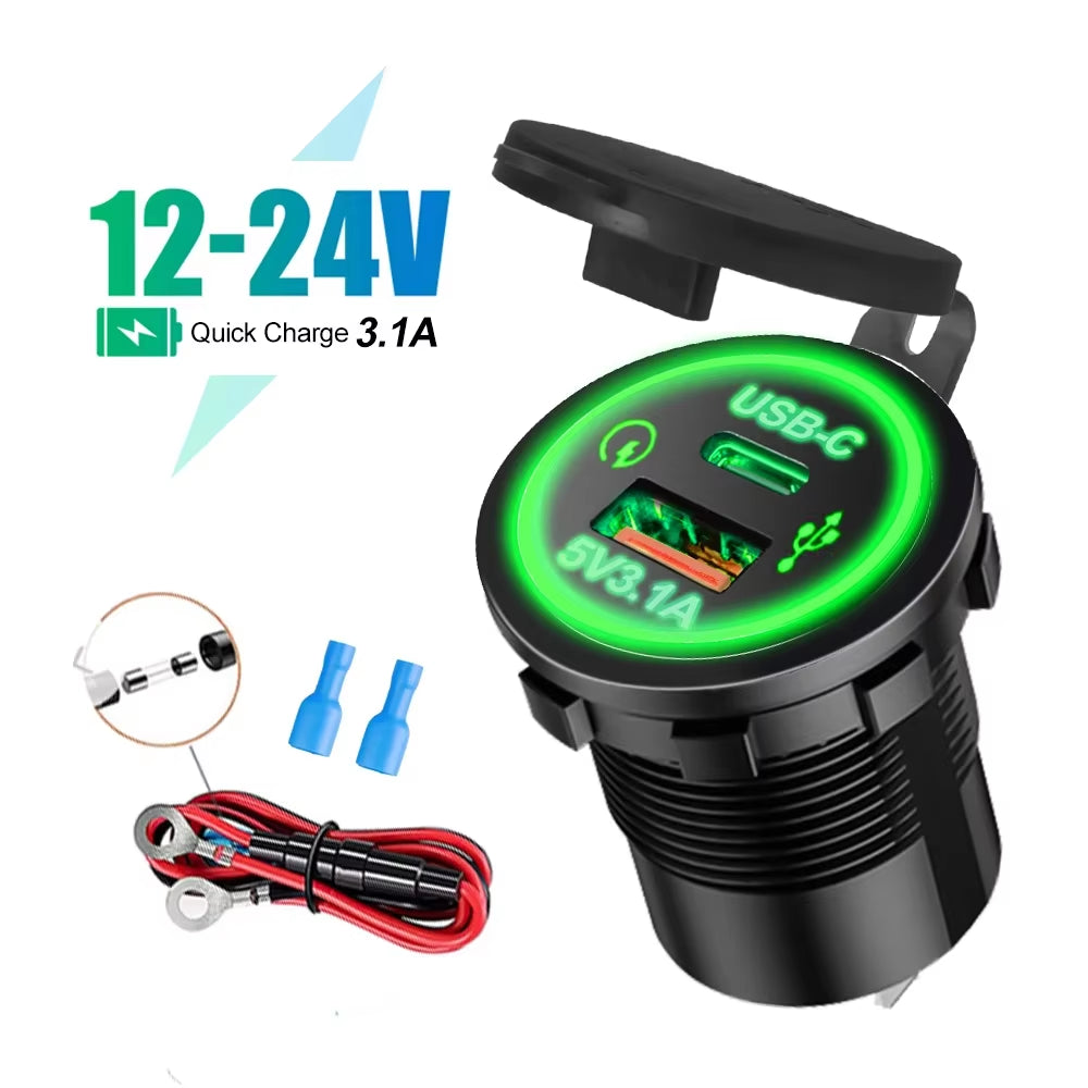 Universal Vehicle USB Charger – Waterproof Power Socket with LED Light & Type-C Port