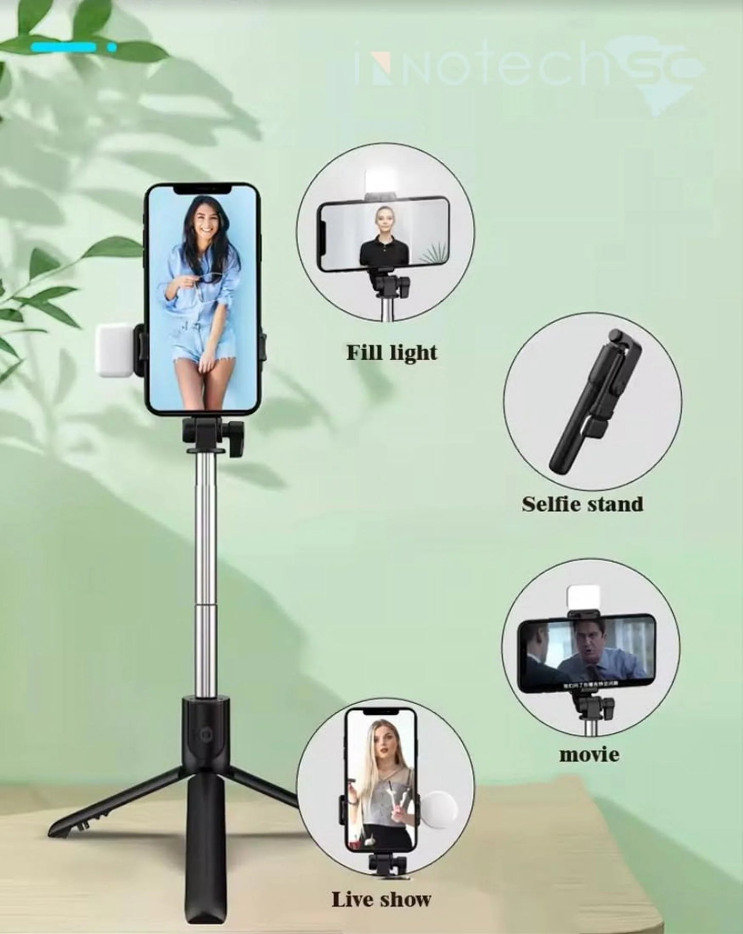 All-in-One Phone Tripod – Selfie Stick with LED Light & Bluetooth Remote