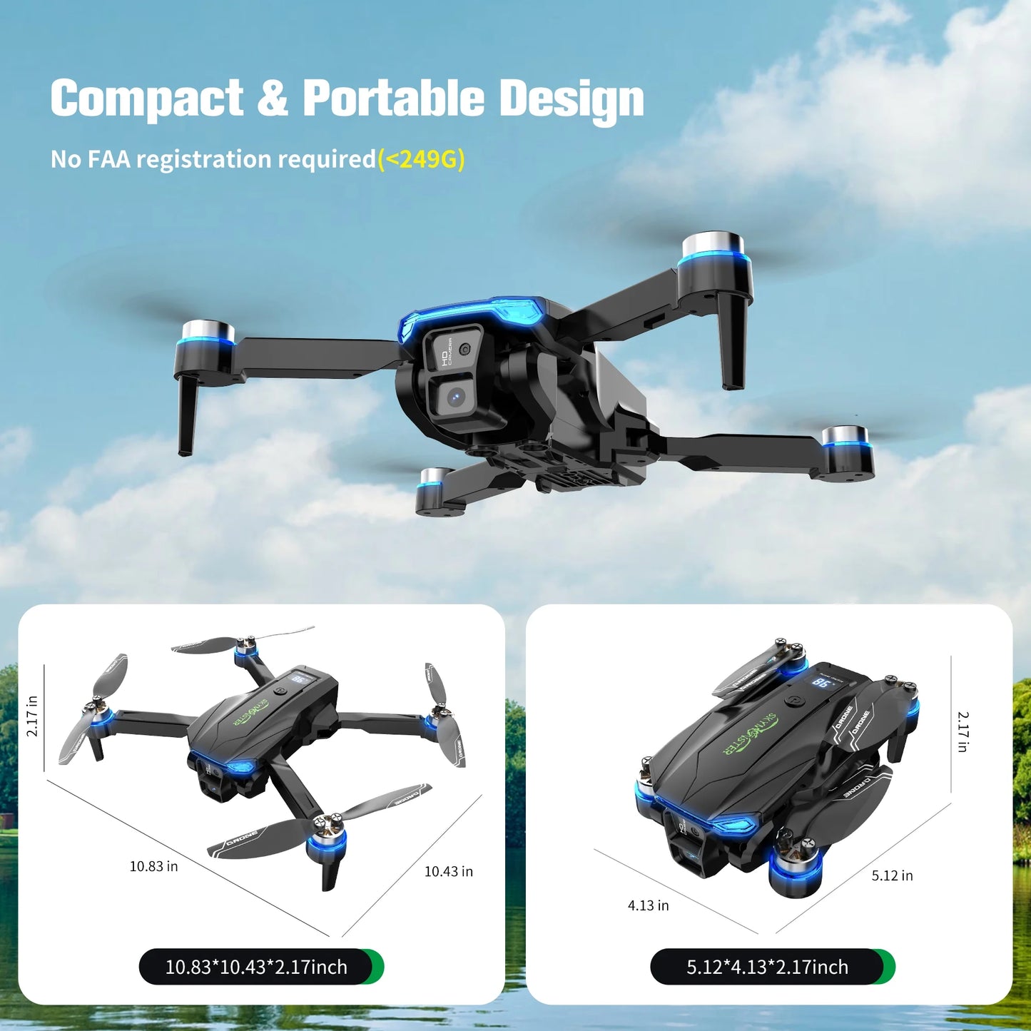 SkySpy 4K: Dual-Cam RC Drone w/ Obstacle Avoidance, 3 Batteries Included