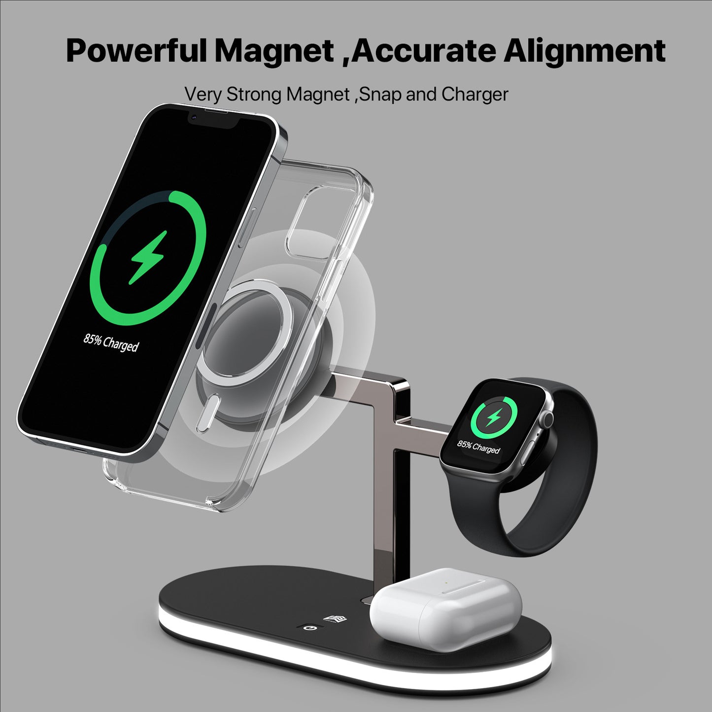 Magnetic Wireless Charging Station – Triple Device Support + Soft Night Light
