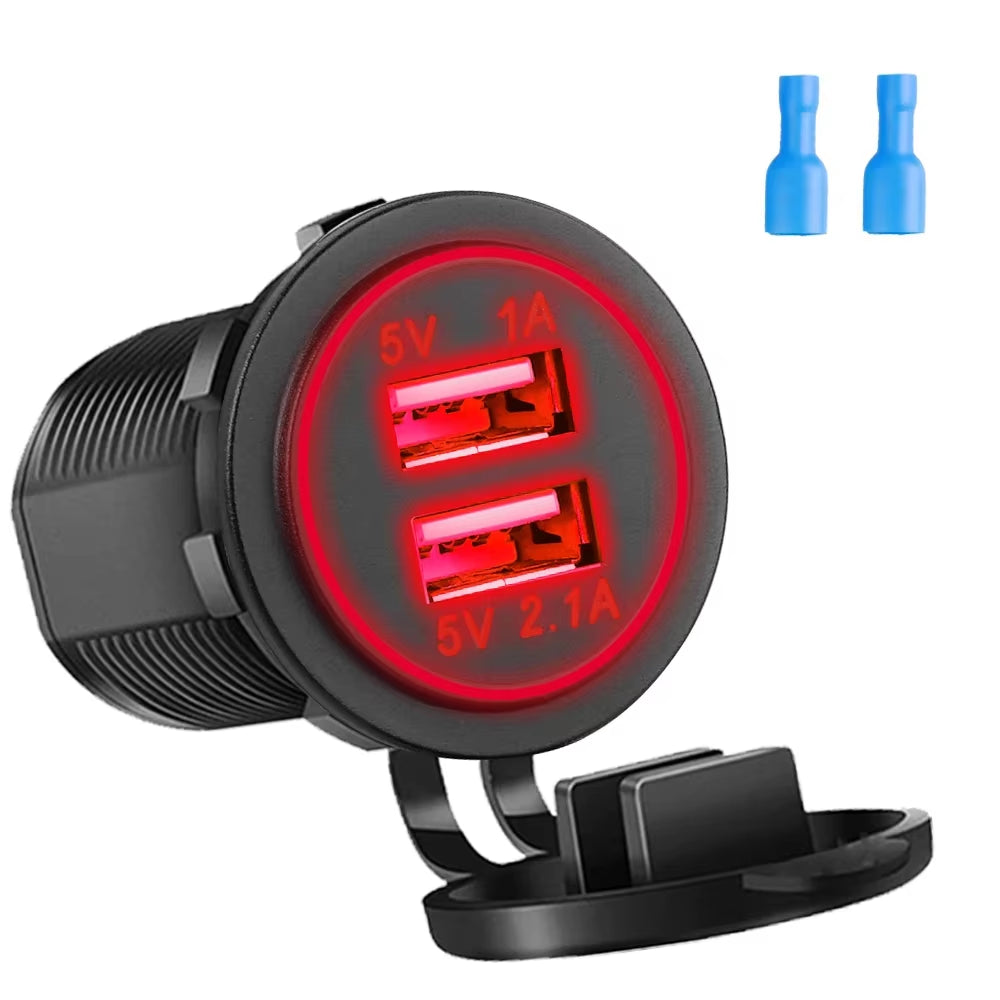 Universal Vehicle USB Charger – Waterproof Power Socket with LED Light & Type-C Port