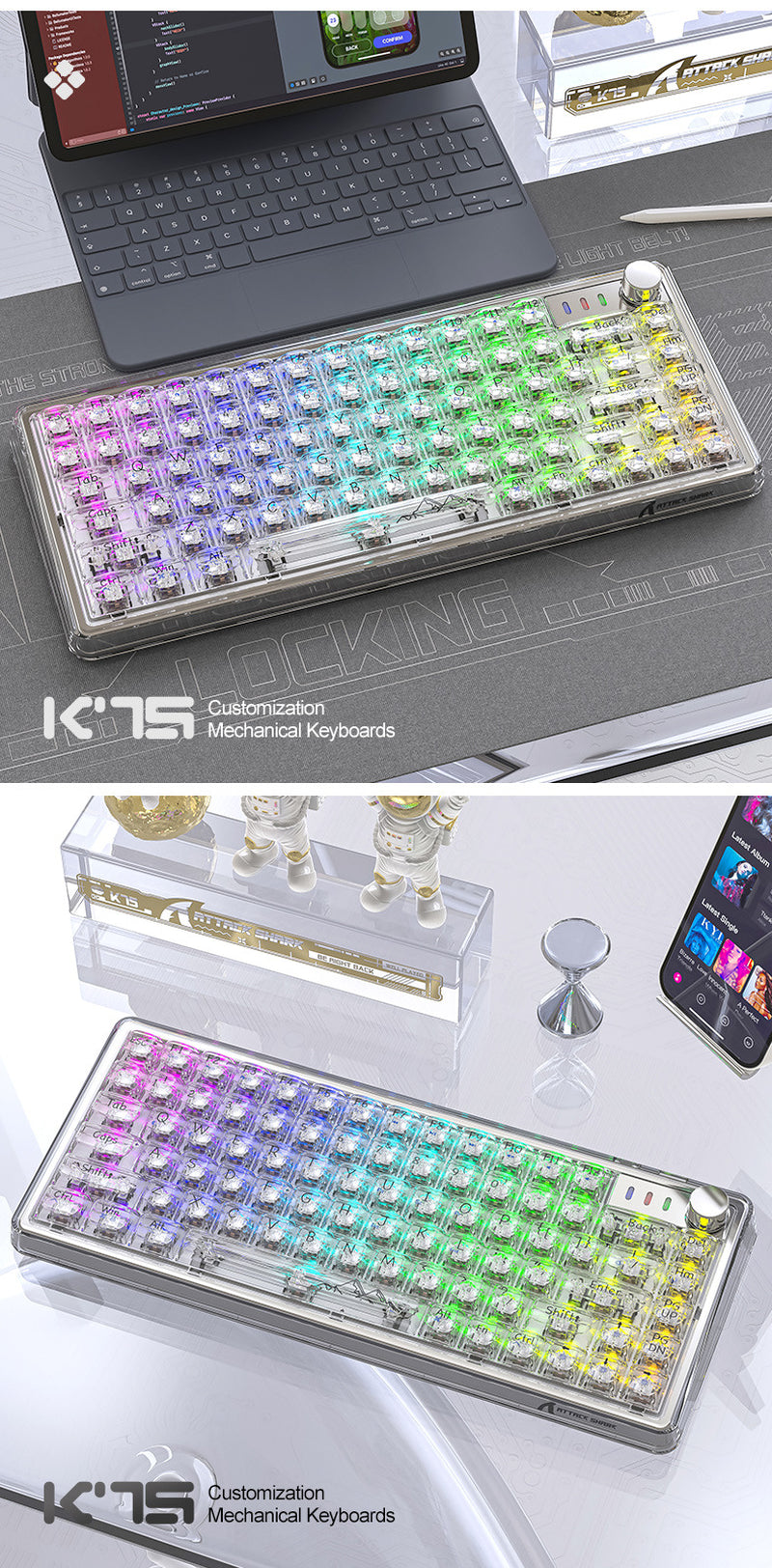 Attack Shark K75RGB Wireless Mechanical Keyboard – Transparent & Hot-Swappable