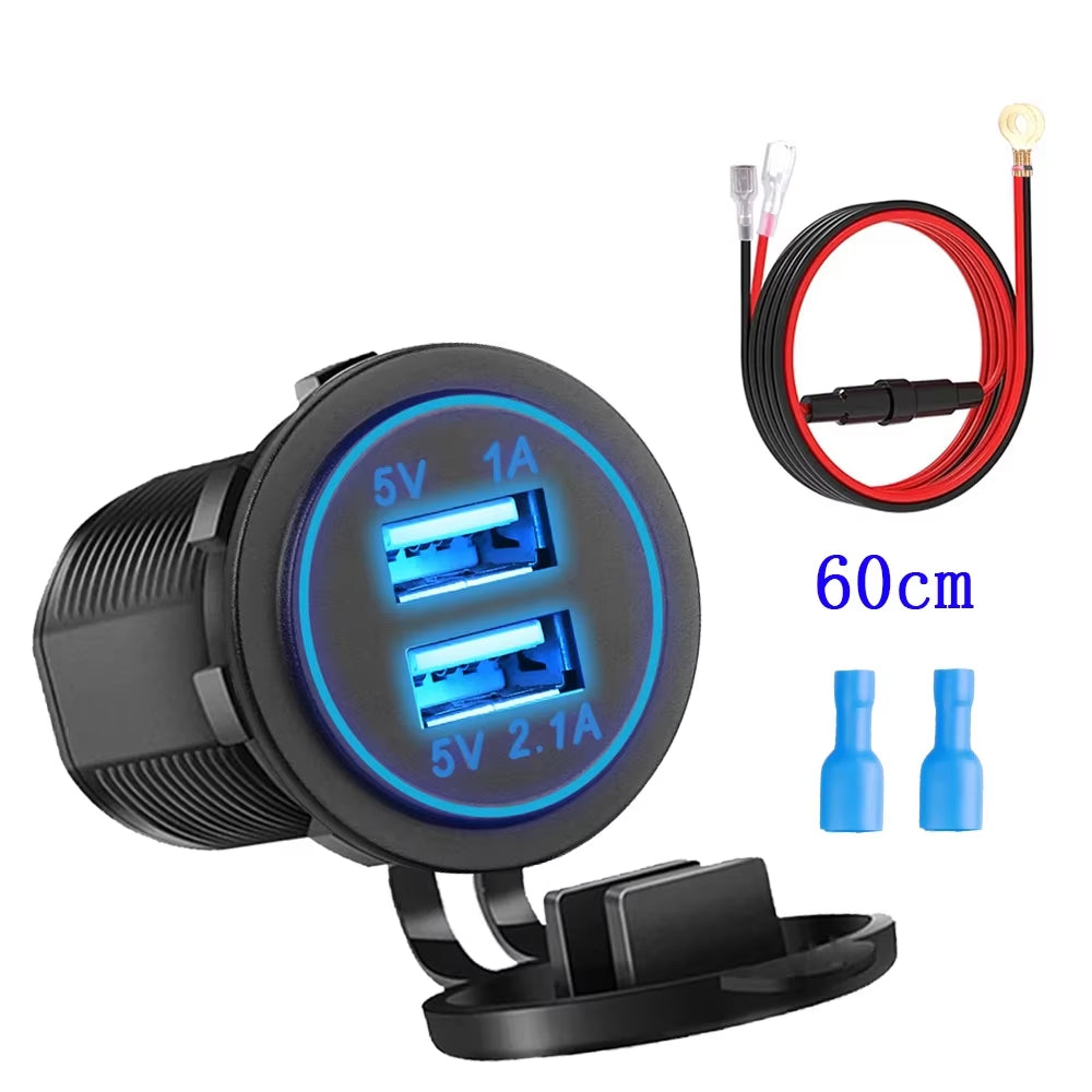 Universal Vehicle USB Charger – Waterproof Power Socket with LED Light & Type-C Port