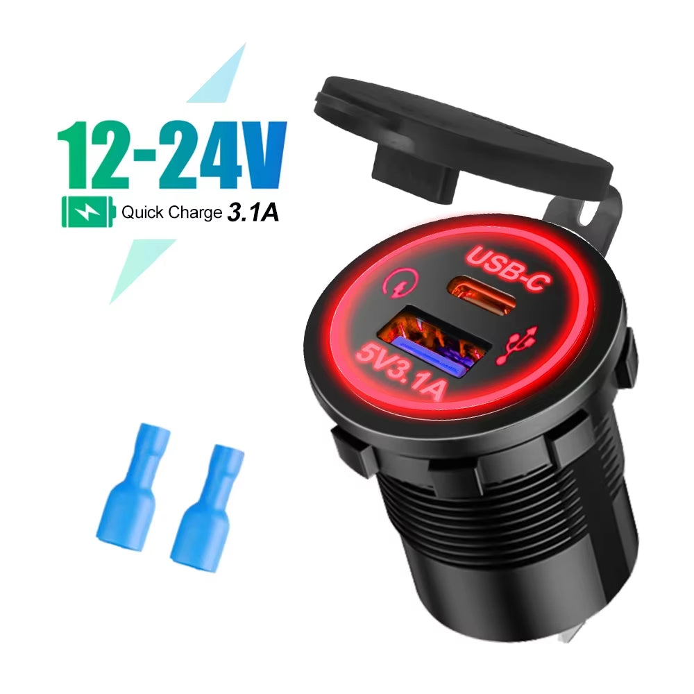Universal Vehicle USB Charger – Waterproof Power Socket with LED Light & Type-C Port