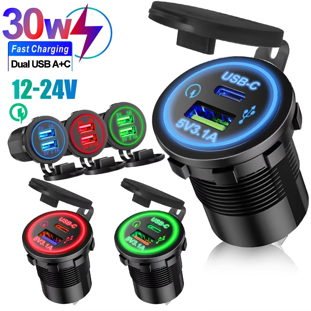 Universal Vehicle USB Charger – Waterproof Power Socket with LED Light & Type-C Port