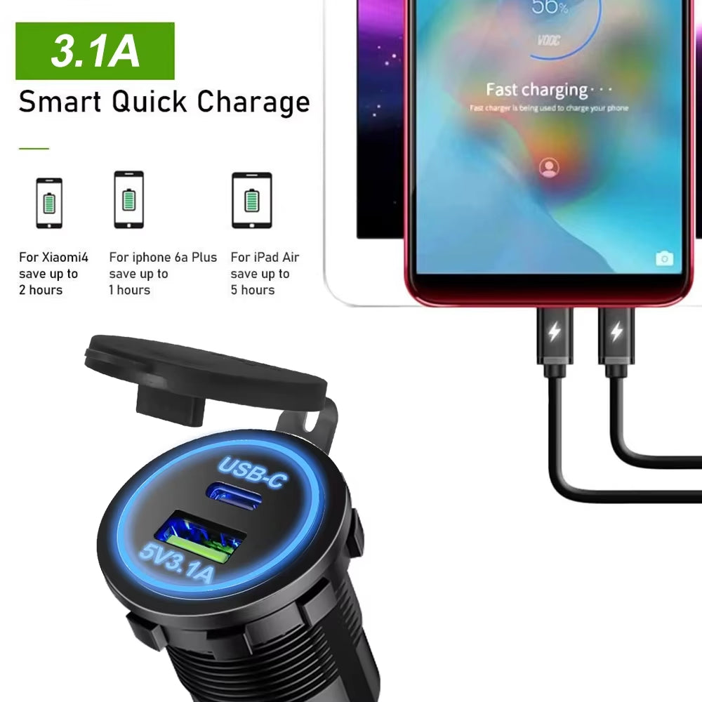 Universal Vehicle USB Charger – Waterproof Power Socket with LED Light & Type-C Port