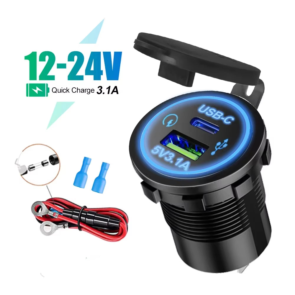 Universal Vehicle USB Charger – Waterproof Power Socket with LED Light & Type-C Port