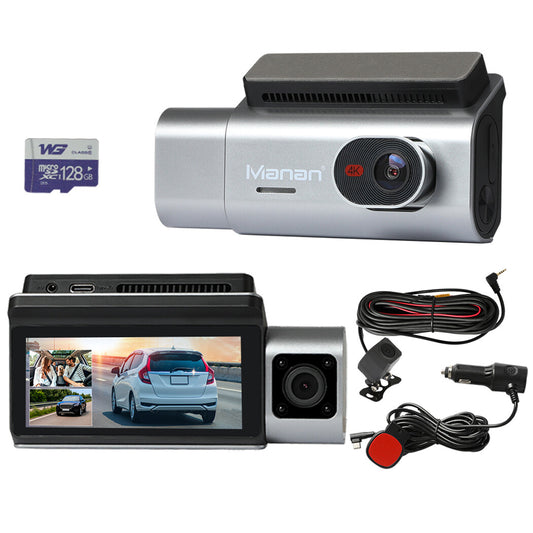 Manan 4K Dash Cam – Triple Lens (Front, Rear, Cabin), GPS, WiFi, 128GB Storage