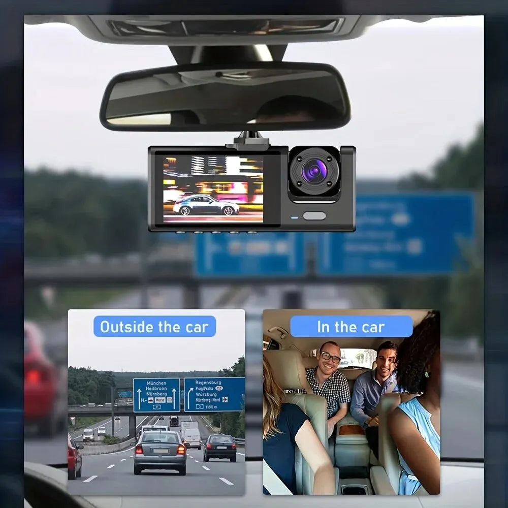 1080P Dash Cam – Triple Camera, Night Vision, Loop Recording, Compact IPS Screen