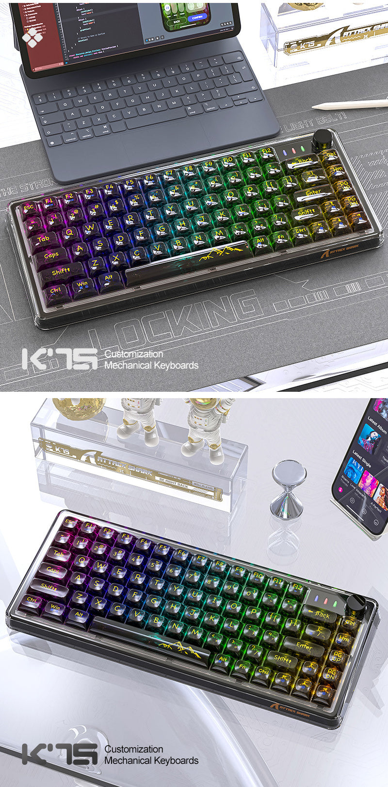 Attack Shark K75RGB Wireless Mechanical Keyboard – Transparent & Hot-Swappable