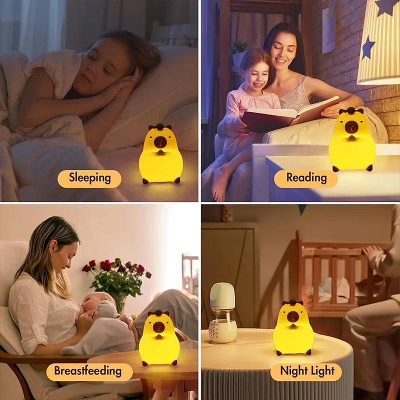 Capybara Night Light – Soft Silicone, Tap to Glow, 7 Colors + Timer