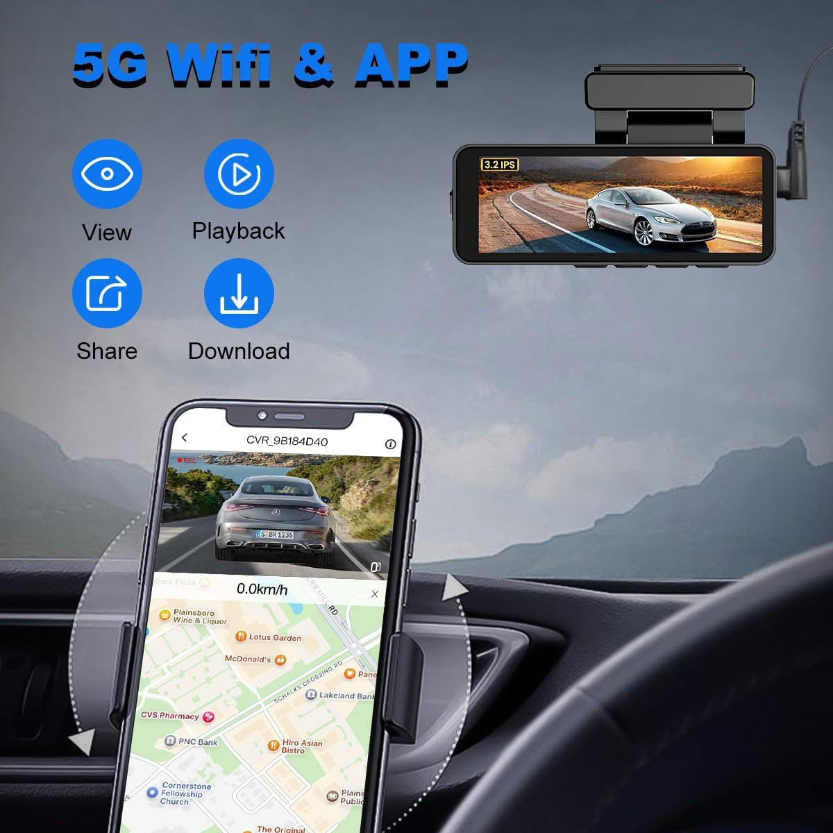 4K Wifi Dash Cam Front, 1080P In-Car Rear Dual Recording with GPS 64GB Card