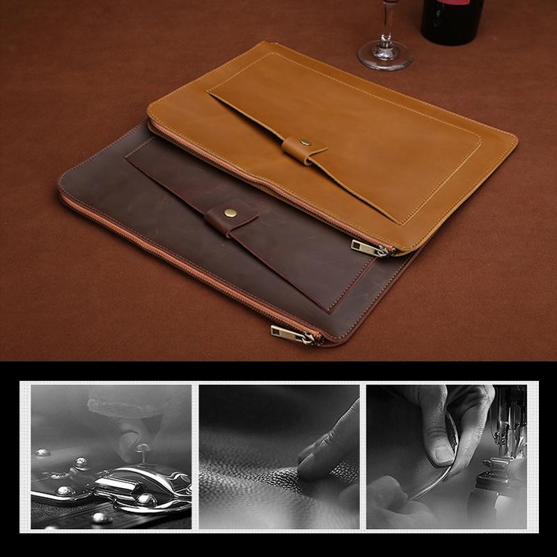 Premium Leather Business Laptop / Tablet Zipper Bag - Universal Fit - Green