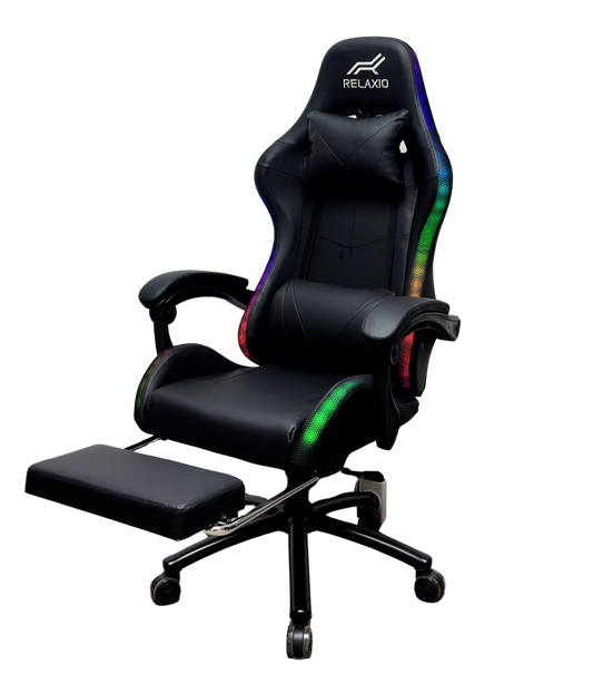 Gaming Chair With Headrest and Foot Rest LED Light - Black