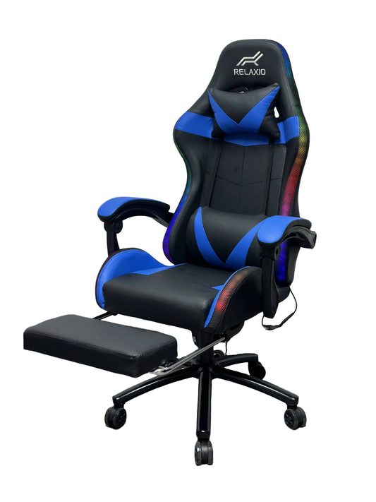 Gaming Chair With Headrest and Foot Rest LED Light - Blue