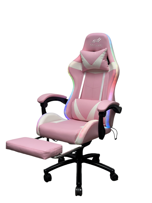 Gaming Chair With Headrest and Foot Rest LED Light - Pink White