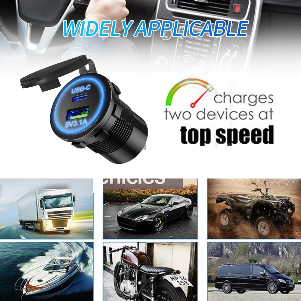 Universal Vehicle USB Charger – Waterproof Power Socket with LED Light & Type-C Port