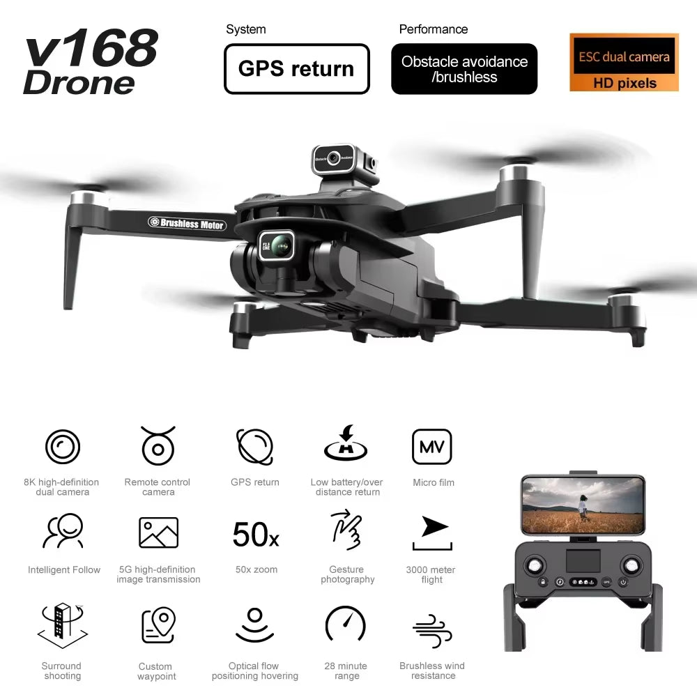 V168 PRO 8K GPS Drone – HD Camera, FPV, Brushless Motor, Foldable & Smart Avoidance