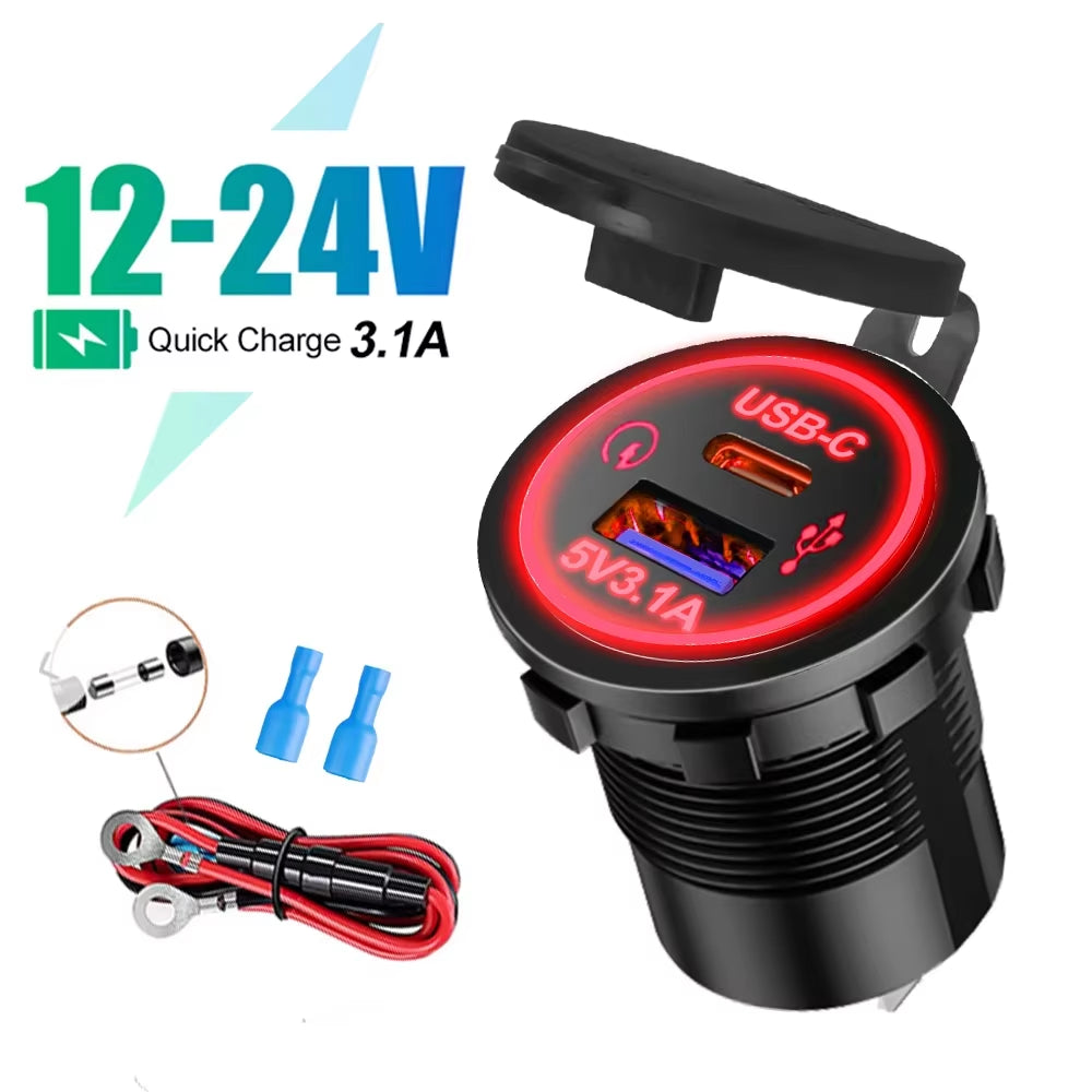 Universal Vehicle USB Charger – Waterproof Power Socket with LED Light & Type-C Port