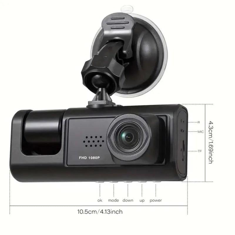 1080P Dash Cam – Triple Camera, Night Vision, Loop Recording, Compact IPS Screen