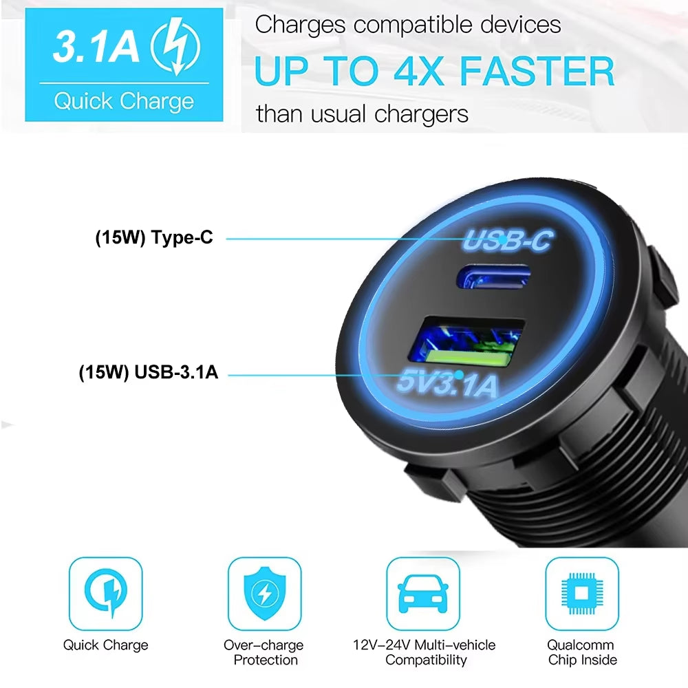 Universal Vehicle USB Charger – Waterproof Power Socket with LED Light & Type-C Port