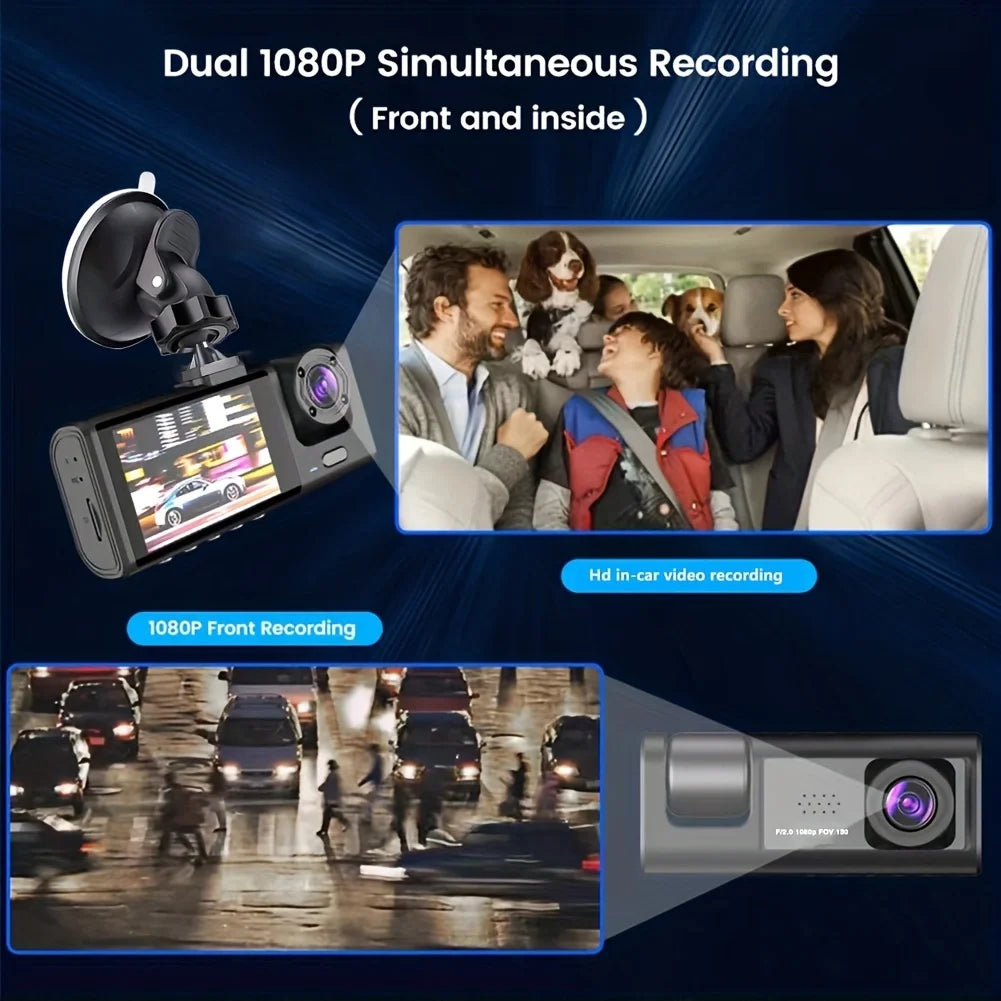 1080P Dash Cam – Triple Camera, Night Vision, Loop Recording, Compact IPS Screen