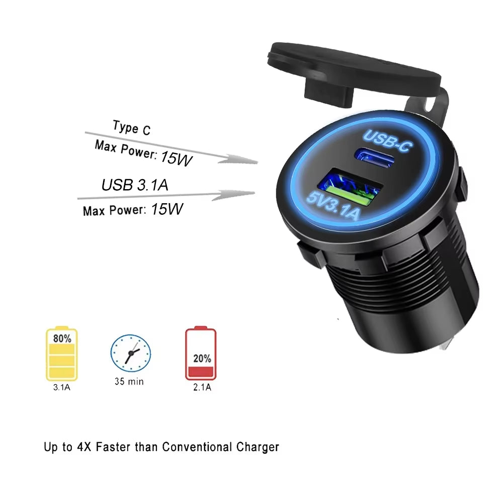 Universal Vehicle USB Charger – Waterproof Power Socket with LED Light & Type-C Port