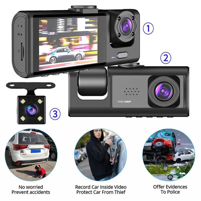 1080P Dash Cam – Triple Camera, Night Vision, Loop Recording, Compact IPS Screen
