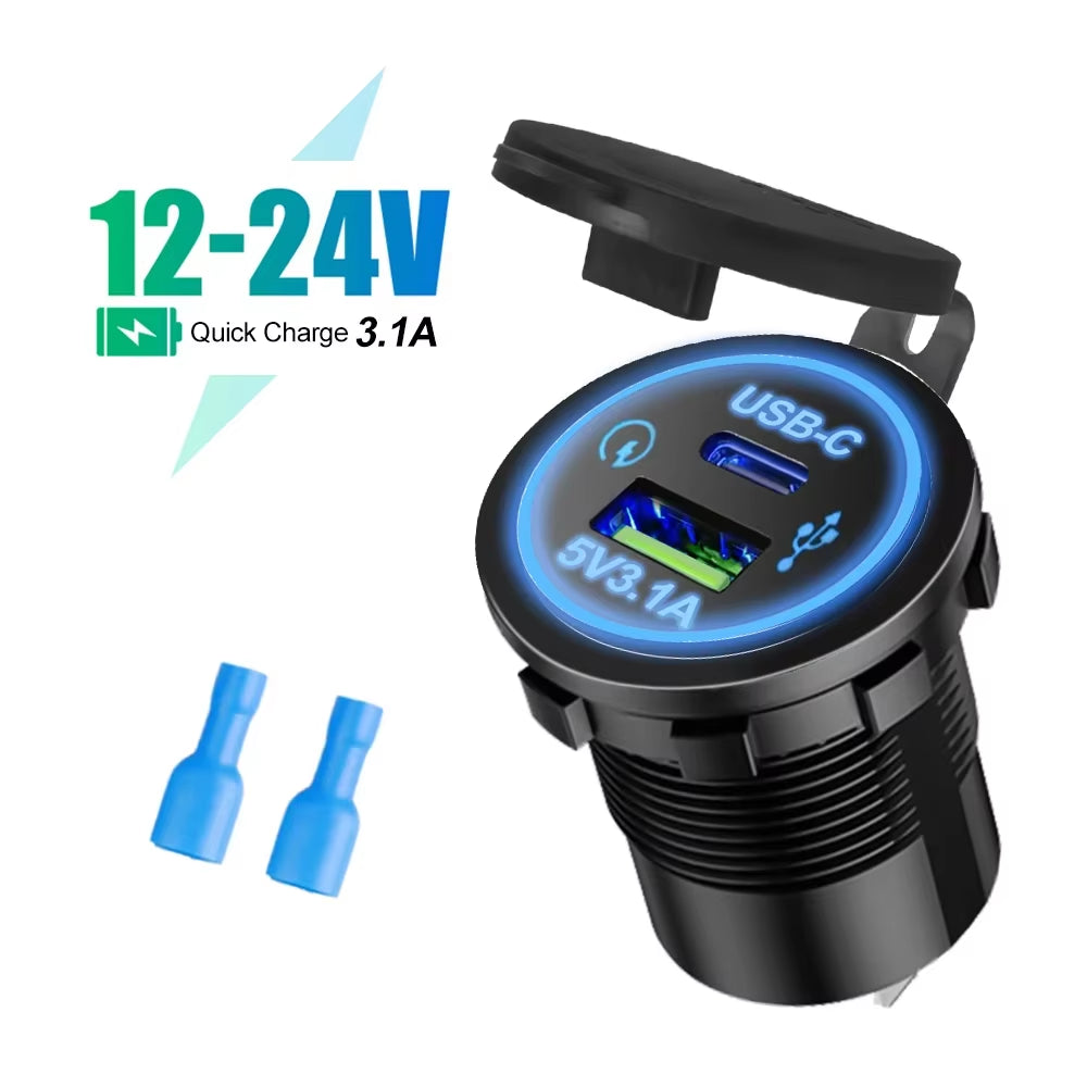 Universal Vehicle USB Charger – Waterproof Power Socket with LED Light & Type-C Port