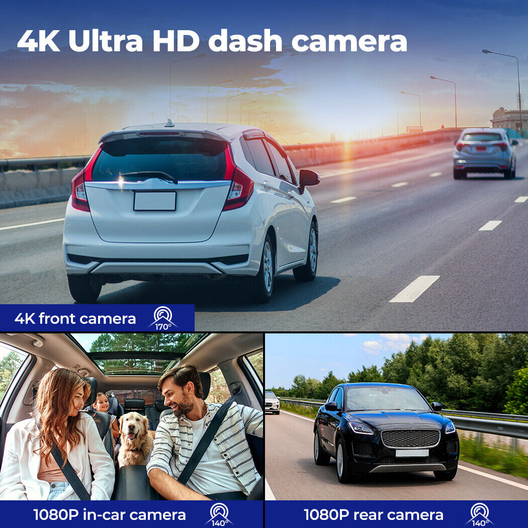 Manan 4K Dash Cam – Triple Lens (Front, Rear, Cabin), GPS, WiFi, 128GB Storage