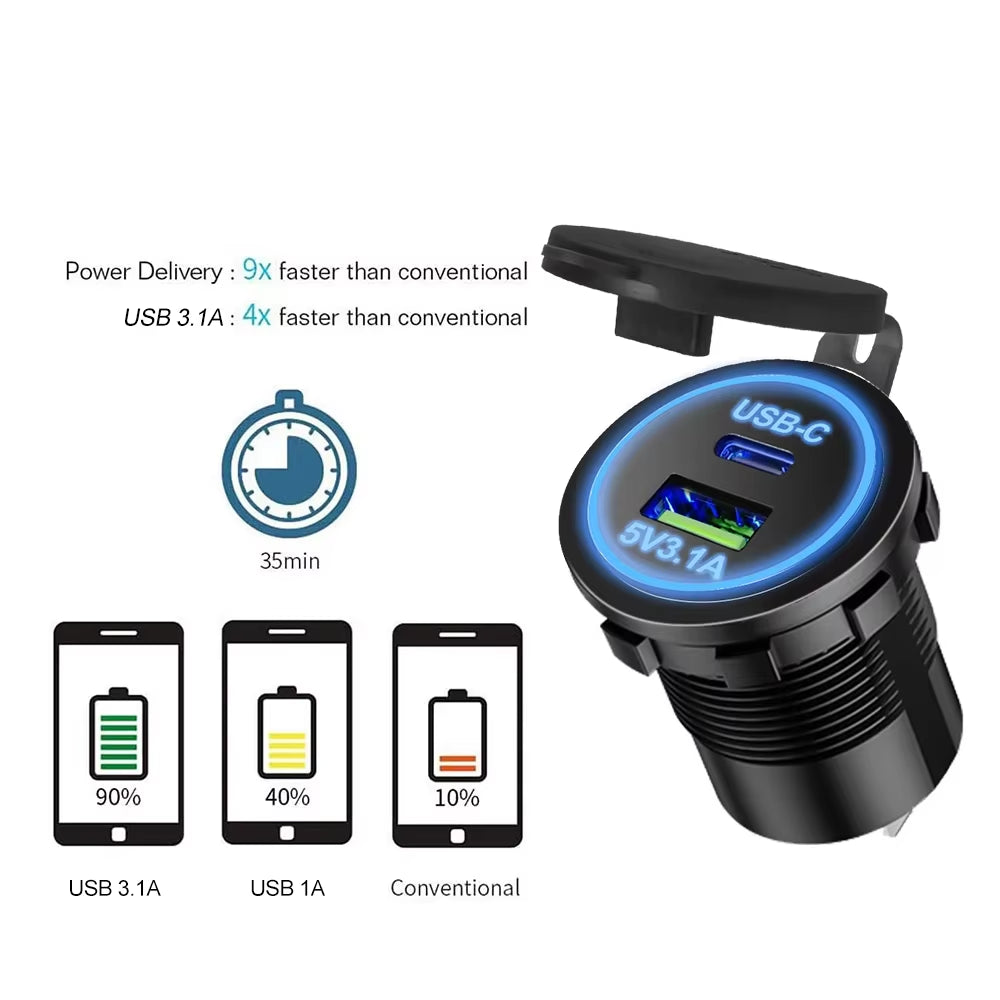 Universal Vehicle USB Charger – Waterproof Power Socket with LED Light & Type-C Port