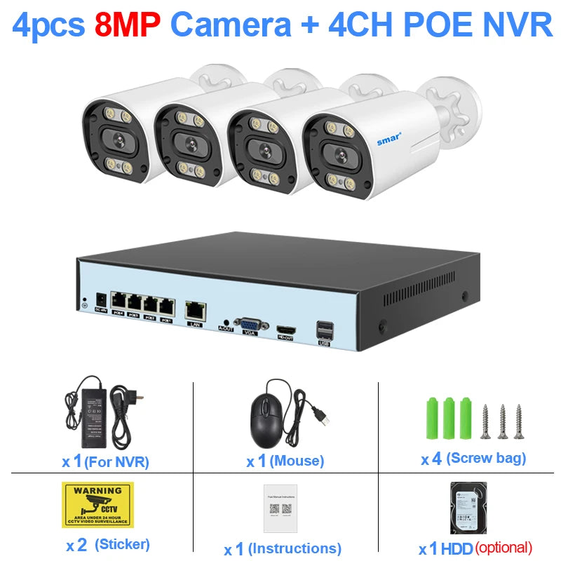 8MP 4K POE CCTV Kit  (4 Cameras, 1 NVR, 2TB HDD)  – AI Face Detect, Color Night Vision