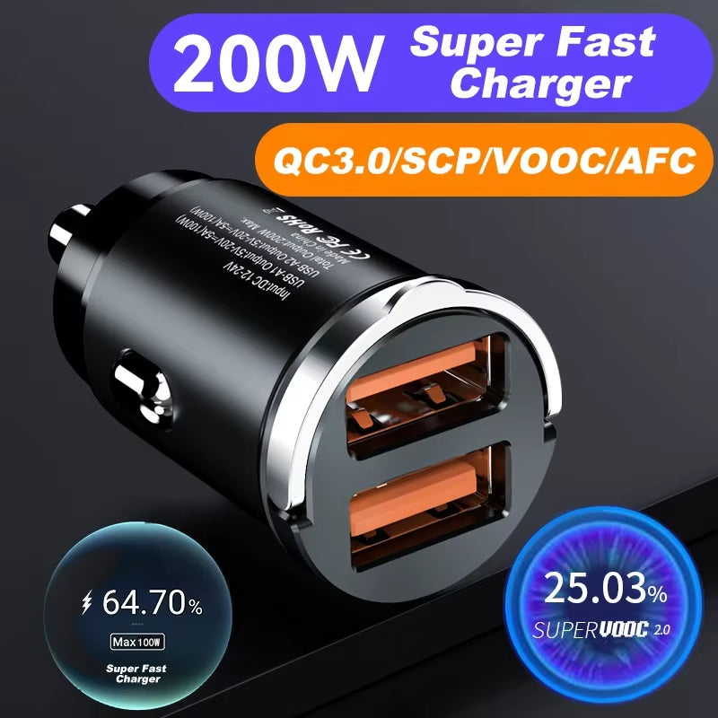 Ultra Fast Dual USB Car Charger – 100–200W Aluminum Adapter for 12–24V Sockets