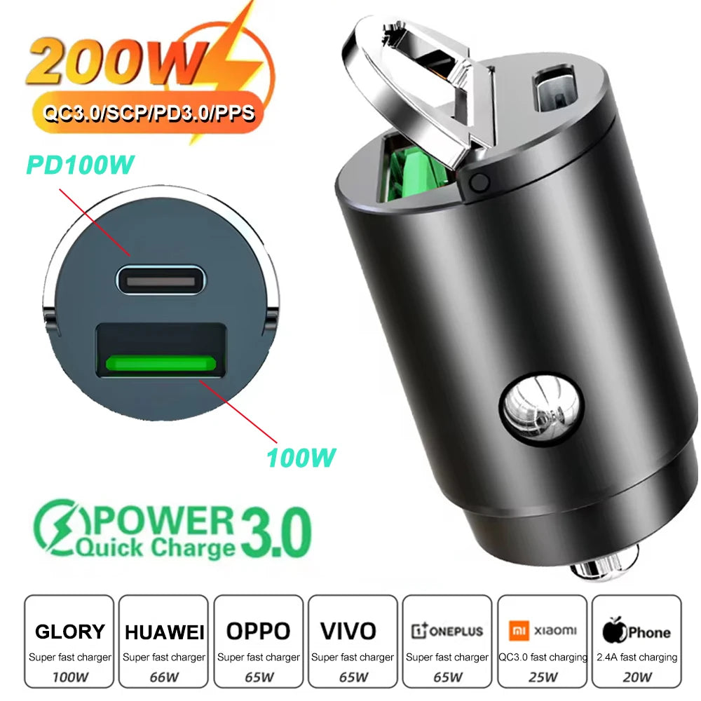 Ultra Fast Dual USB Car Charger – 100–200W Aluminum Adapter for 12–24V Sockets