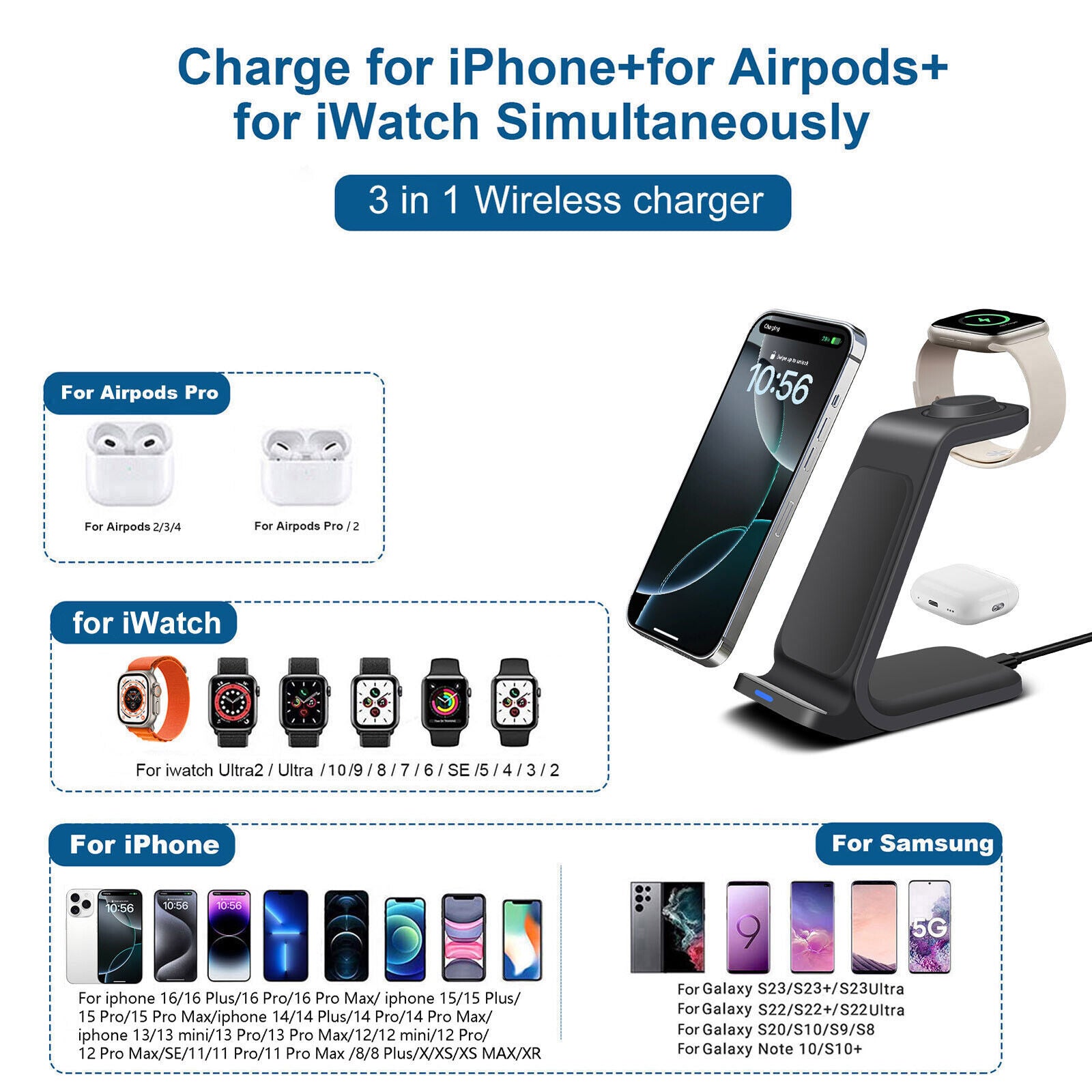 Premium Wireless Charger Dock Charging Station 3-in-1 for Apple & Samsung Products