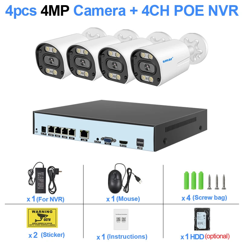 8MP 4K POE CCTV Kit  (4 Cameras, 1 NVR, 2TB HDD)  – AI Face Detect, Color Night Vision