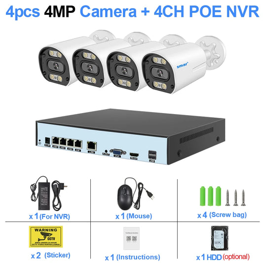 8MP 4K POE CCTV Kit  (4 Cameras, 1 NVR, 2TB HDD)  – AI Face Detect, Color Night Vision
