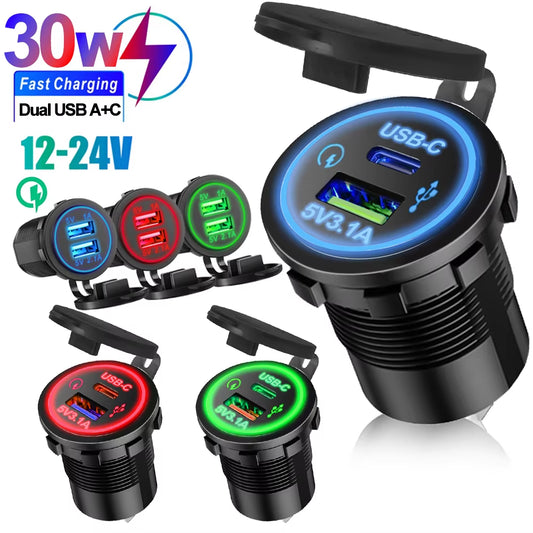 Universal Vehicle USB Charger – Waterproof Power Socket with LED Light & Type-C Port