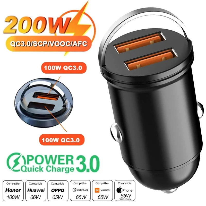 Ultra Fast Dual USB Car Charger – 100–200W Aluminum Adapter for 12–24V Sockets