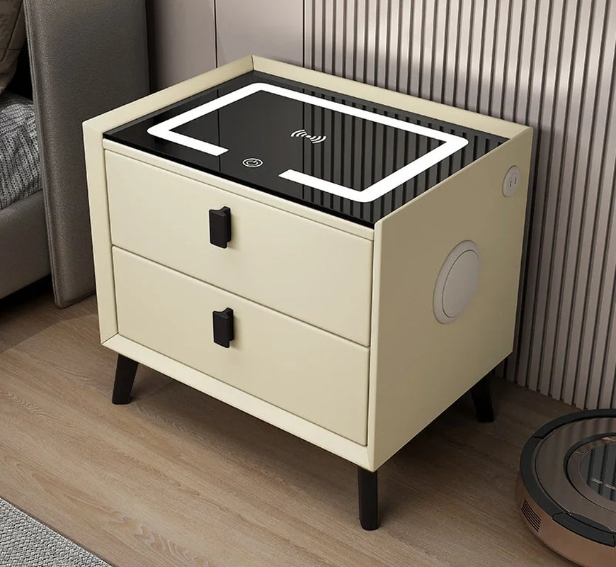 Smart Nightstand – Nordic Style,  Wireless Charging,  USB, In-built Speaker, Leather Finish