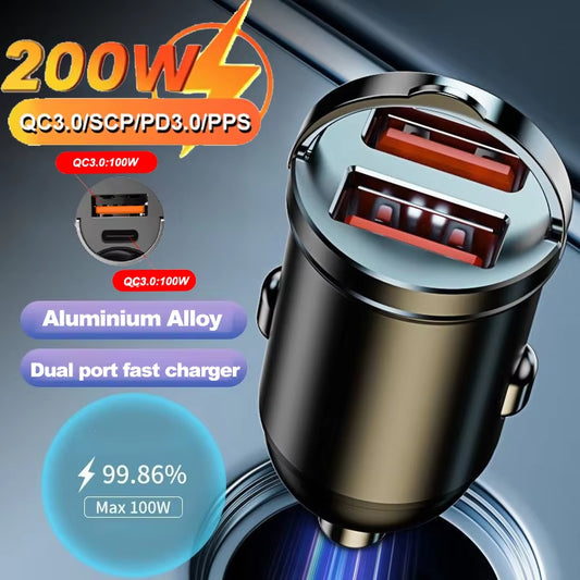 Ultra Fast Dual USB Car Charger – 100–200W Aluminum Adapter for 12–24V Sockets