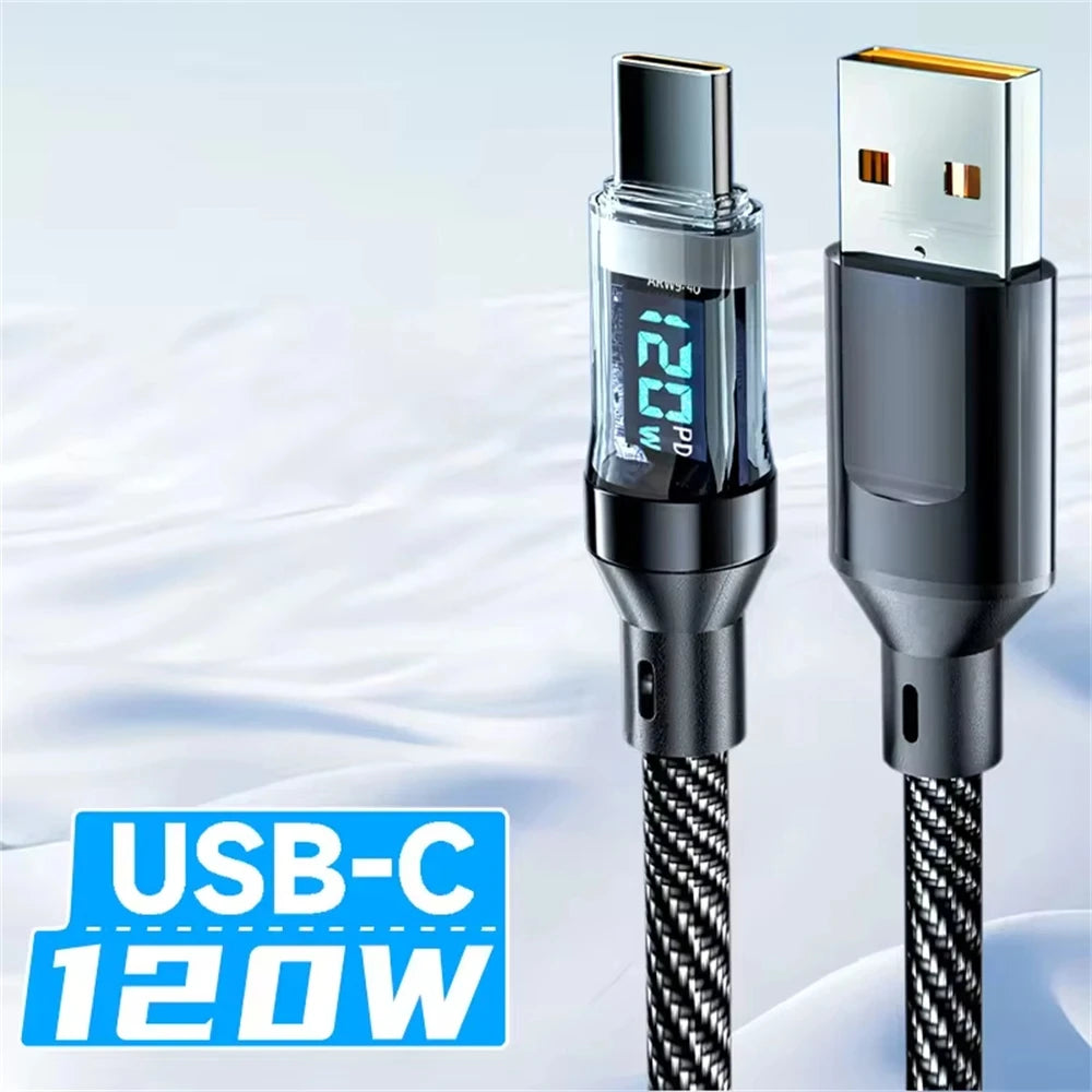NNBILI USB-C Cable with LED Display – 120W Quick Charge + Data Sync for OPPO/VIVO/Huawei