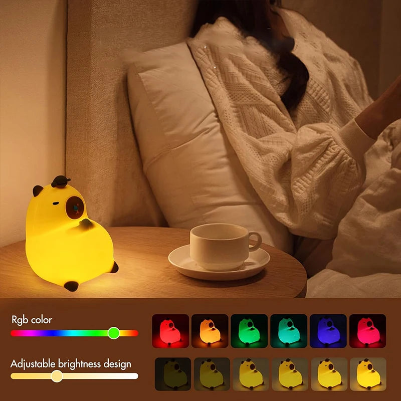 Capybara Night Light – Soft Silicone, Tap to Glow, 7 Colors + Timer