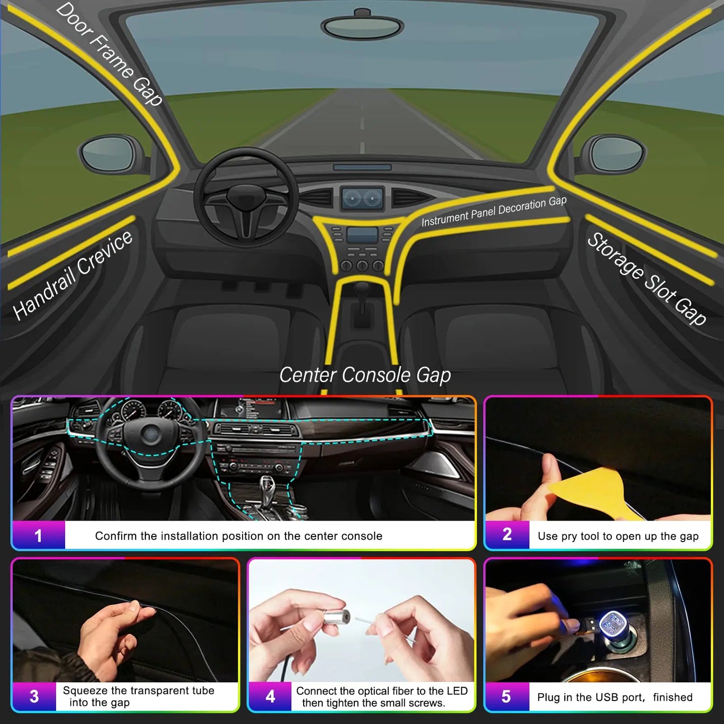 Smart RGB LED Car Ambient Lighting– Fiber Optic Interior Kit with App & Remote Control