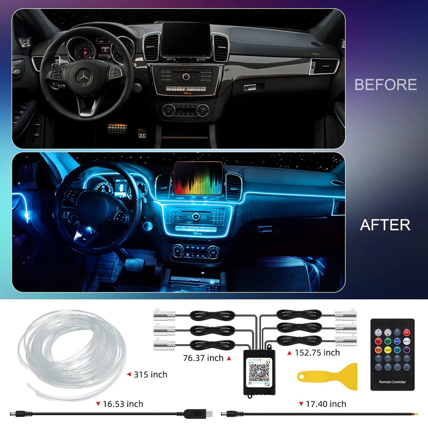 Smart RGB LED Car Ambient Lighting– Fiber Optic Interior Kit with App & Remote Control