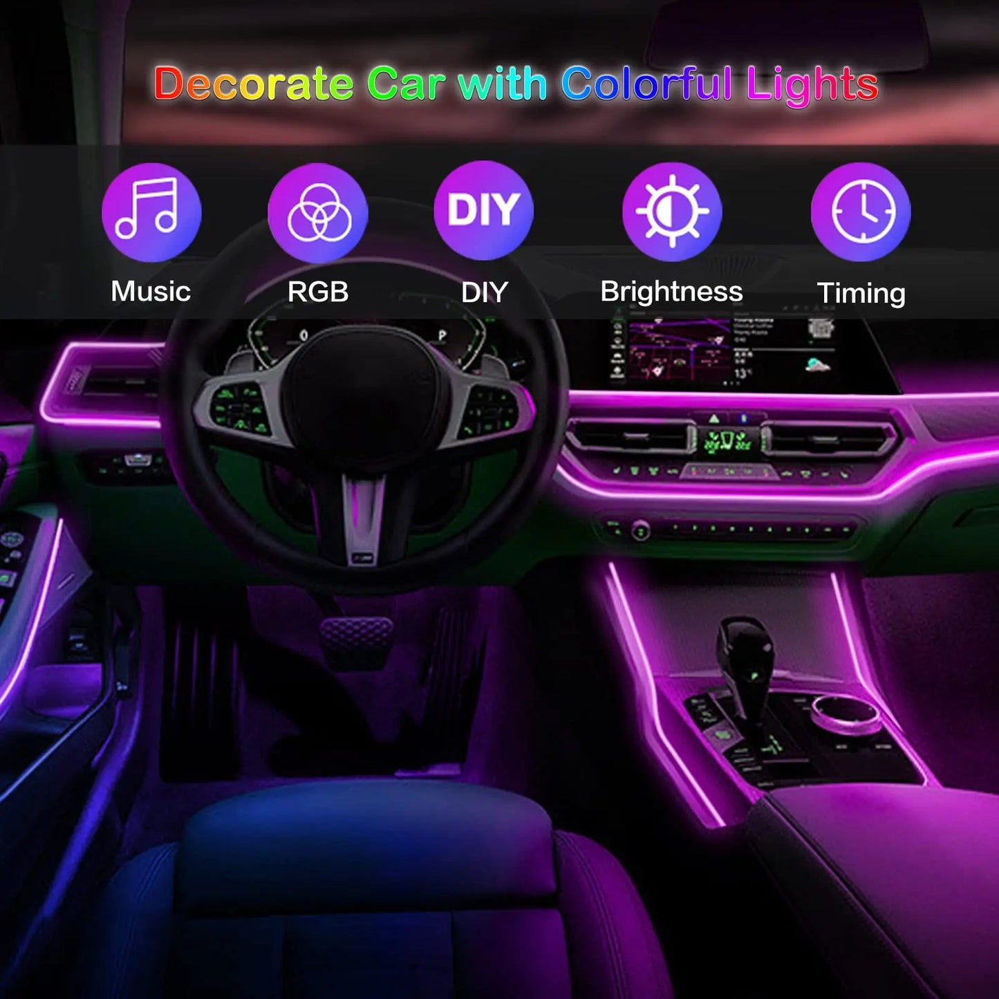 Smart RGB LED Car Ambient Lighting– Fiber Optic Interior Kit with App & Remote Control