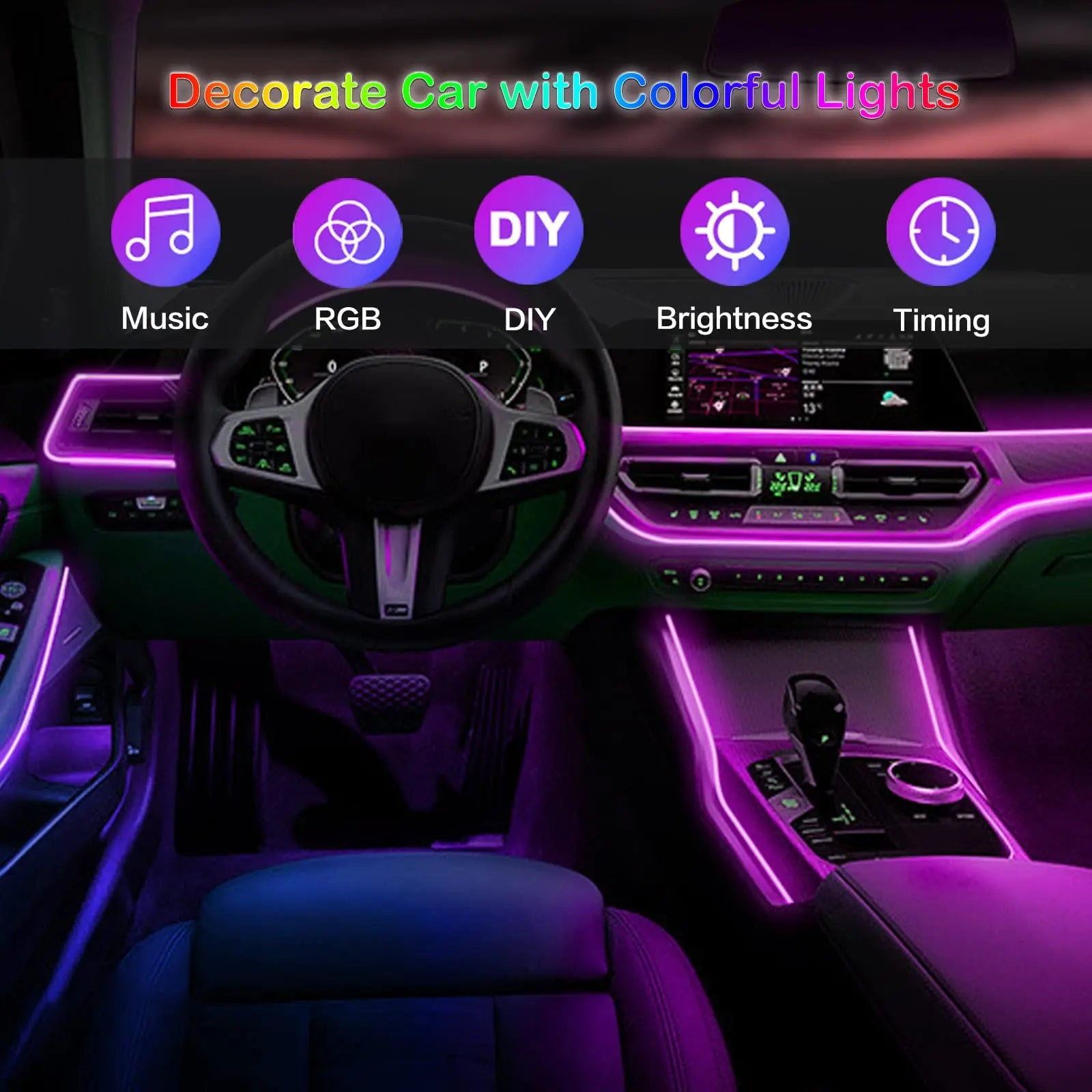Smart RGB LED Car Ambient Lighting– Fiber Optic Interior Kit with App & Remote Control